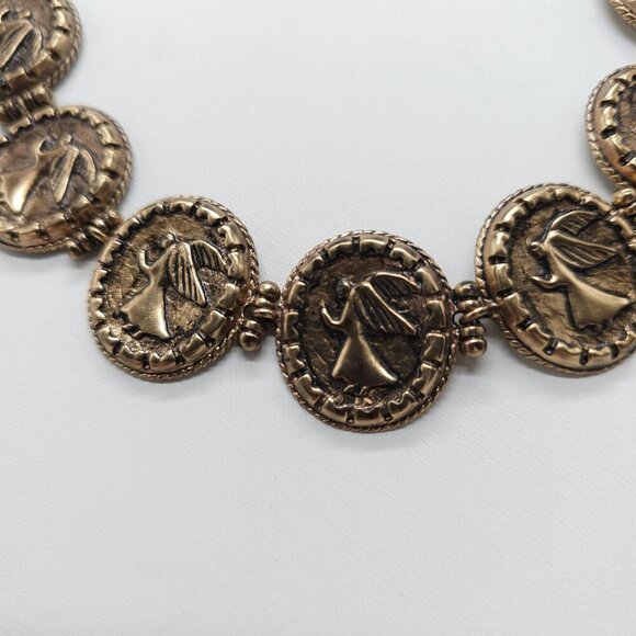Vintage Designer Gold Tone Coin Necklace With Angel Motif Turquoise Accents - Picture 4 of 11